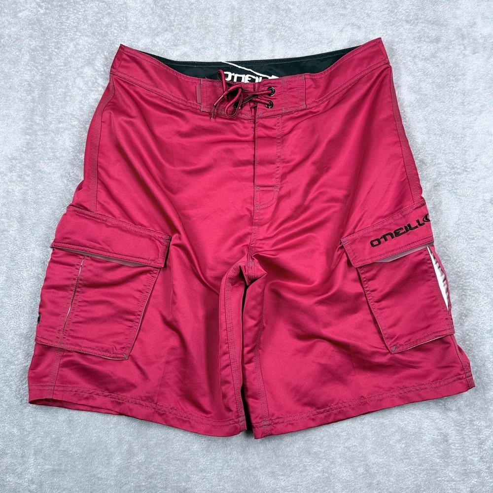 O'NEILL Satin Finish Board Shorts Cargo Pockets Mens 34 Surf Red Swim Trunks 10"